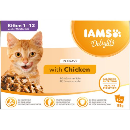 IAMS nedves macskaeledel 12x85g junior csirkehúsban gazdag, szaftban Delights