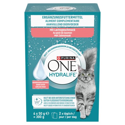 Purina One Hydralife kiegészítő állateledel felnőtt macskáknak lazac ízesítéssel 6 x 50 g (300 g)