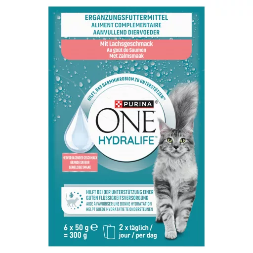 Purina One Hydralife kiegészítő állateledel felnőtt macskáknak lazac ízesítéssel 6 x 50 g (300 g)