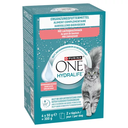 Purina One Hydralife kiegészítő állateledel felnőtt macskáknak lazac ízesítéssel 6 x 50 g (300 g)