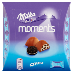 Milka Moments Oreo alpesi tejcsokoládé tejes krémtöltelékkel és kakaós kekszdarabokkal 11 db 92 g