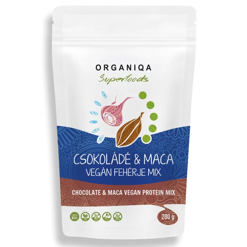 Organiqa Superfoods 100% BIO, vegán fehérje mix csokoládé-maca ízesítéssel 200 g