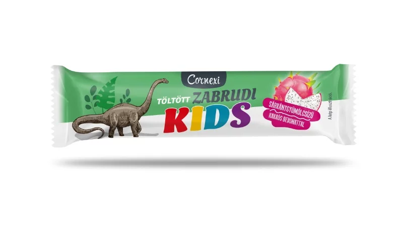 Cornexi zabrudi 30g sárkánygyümölcs-málnás töltelékkel tölt. kakaós bevon. Kids