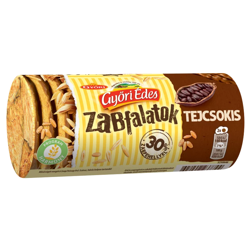 Győri Édes Zabfalatok Tejcsokoládéval Talpán Mártott, Zabpelyhes, Omlós Keksz 215 G