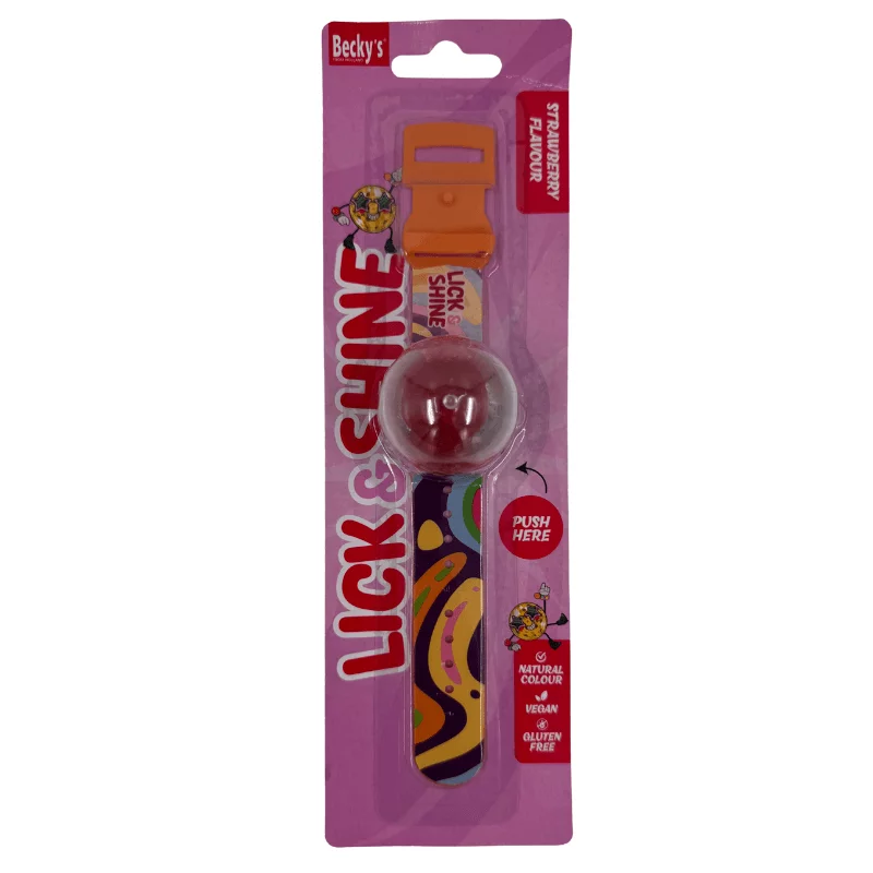 Becky’s Lick & Shine nyalóka gyerekeknek 15g, csuklópántos - Eper ízben