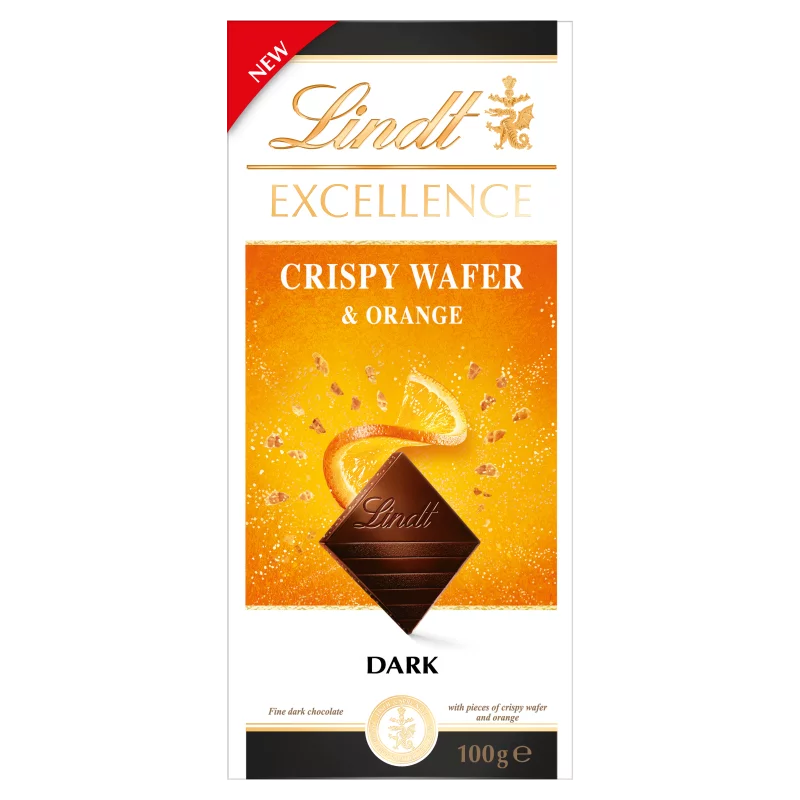 Lindt Excellence étcsokoládé ropogós ostya darabokkal és narancslé-zselé darabokkal 100 g 