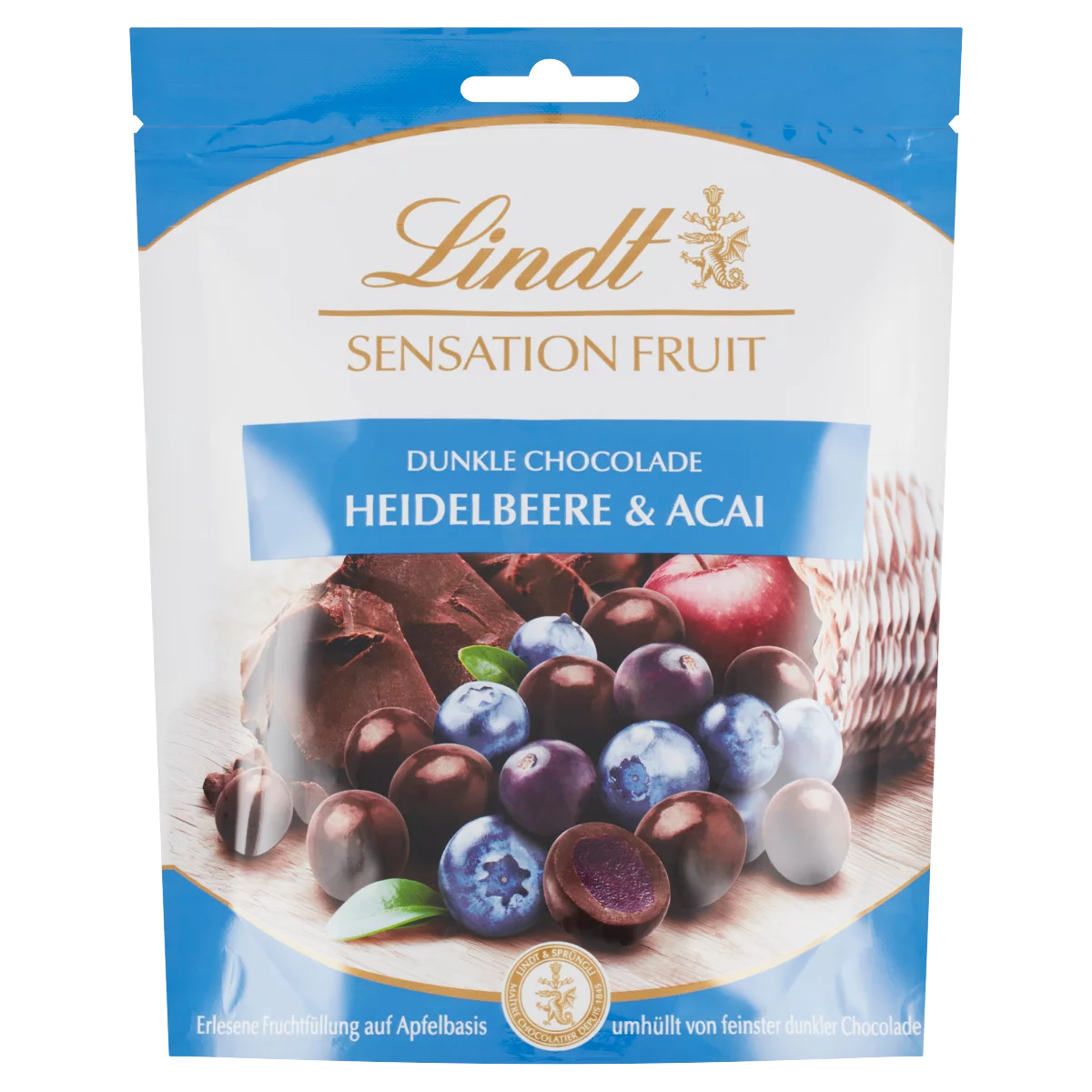 Lindt Sensation Fruit Heidelbeere & Acai gyümölcsdarabokkal töltött keserű csokoládébonbon 150 g