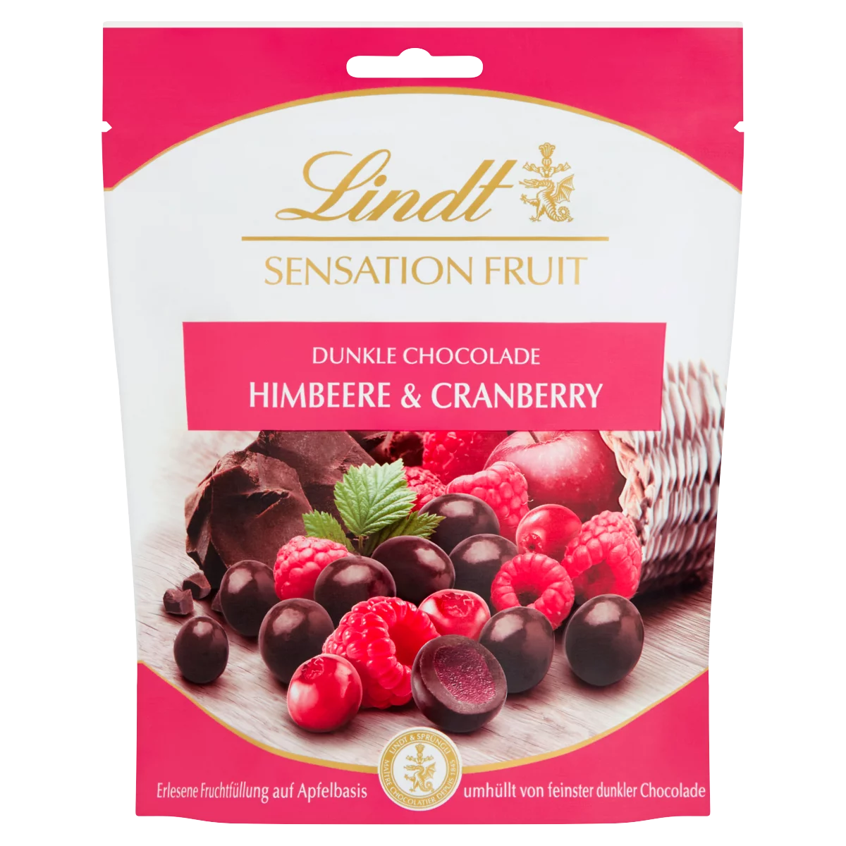 Lindt Sensation Fruit Raspberry & Cranberry gyümölcsdarabokkal töltött keserű csokoládébonbon 150 g
