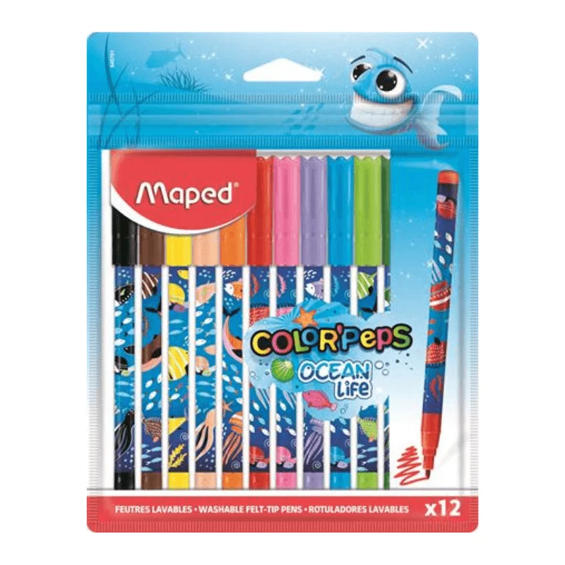 Filctoll készlet, 2 mm, kimosható, MAPED Color`Peps Ocean Life, 12 különböző szín