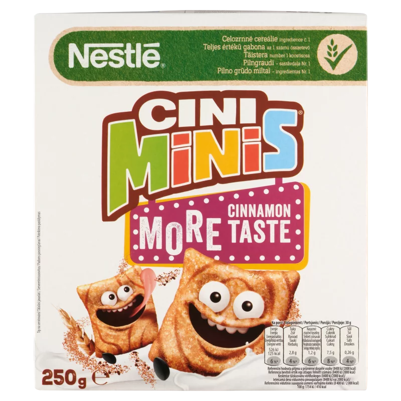 Nestlé Cini Minis ropogós fahéjas gabonapehely teljes kiőrlésű búzával, vitaminokkal és vassal 250 g