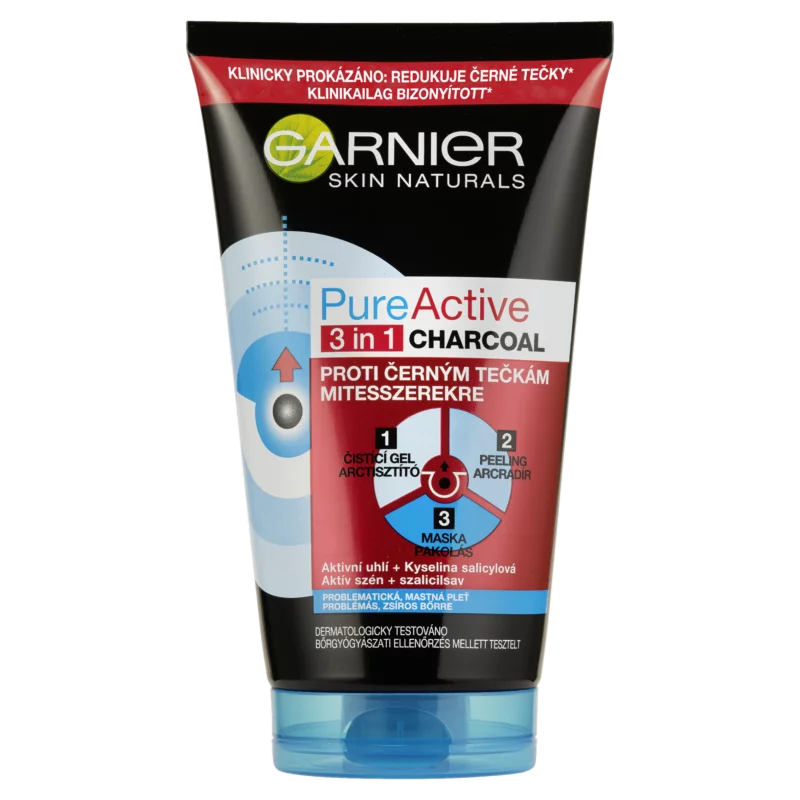 Garnier Skin Naturals Pure Active 3 in1 Mitesszerek Ellen Arcmaszk Aktív Szénnel 150 ml