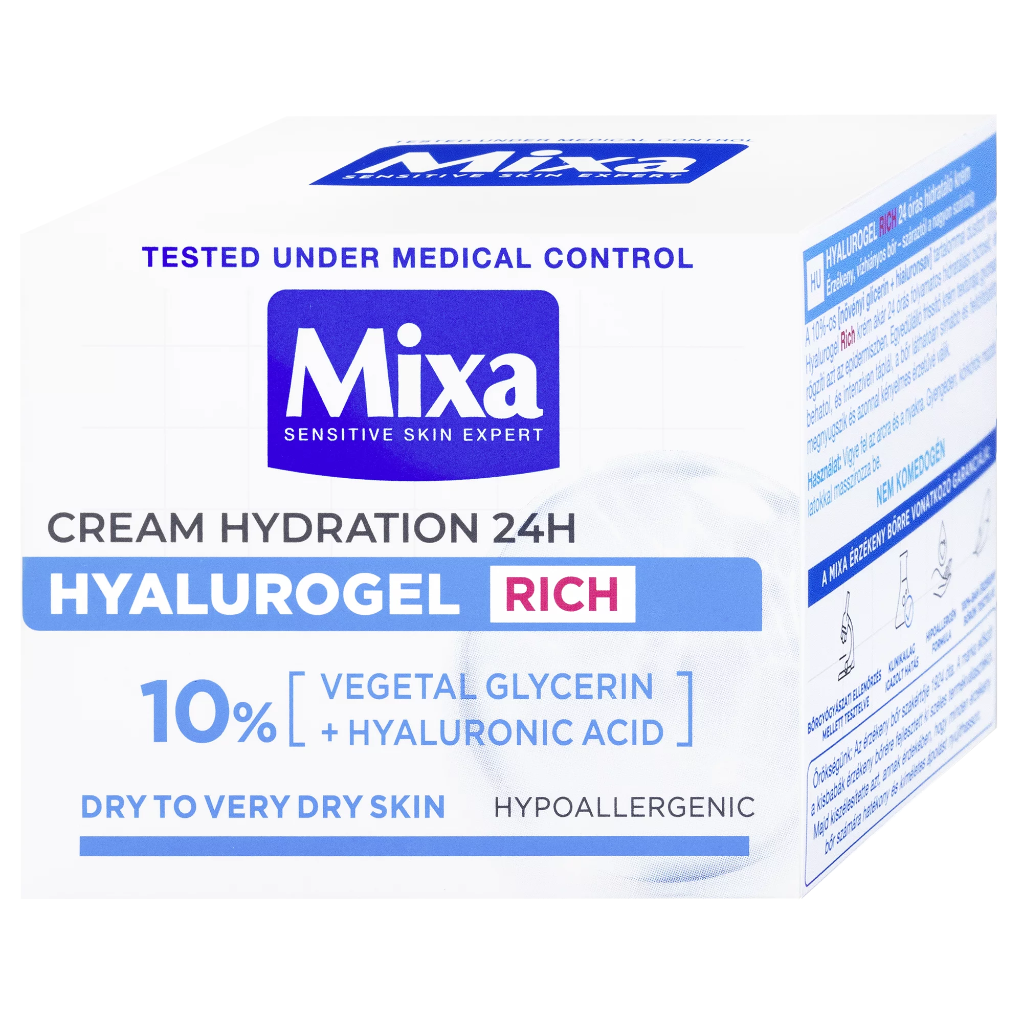 Mixa Hyalurogel Rich hialuronsavval gazdagított intenzíven hidratáló arcápoló, 50 ml