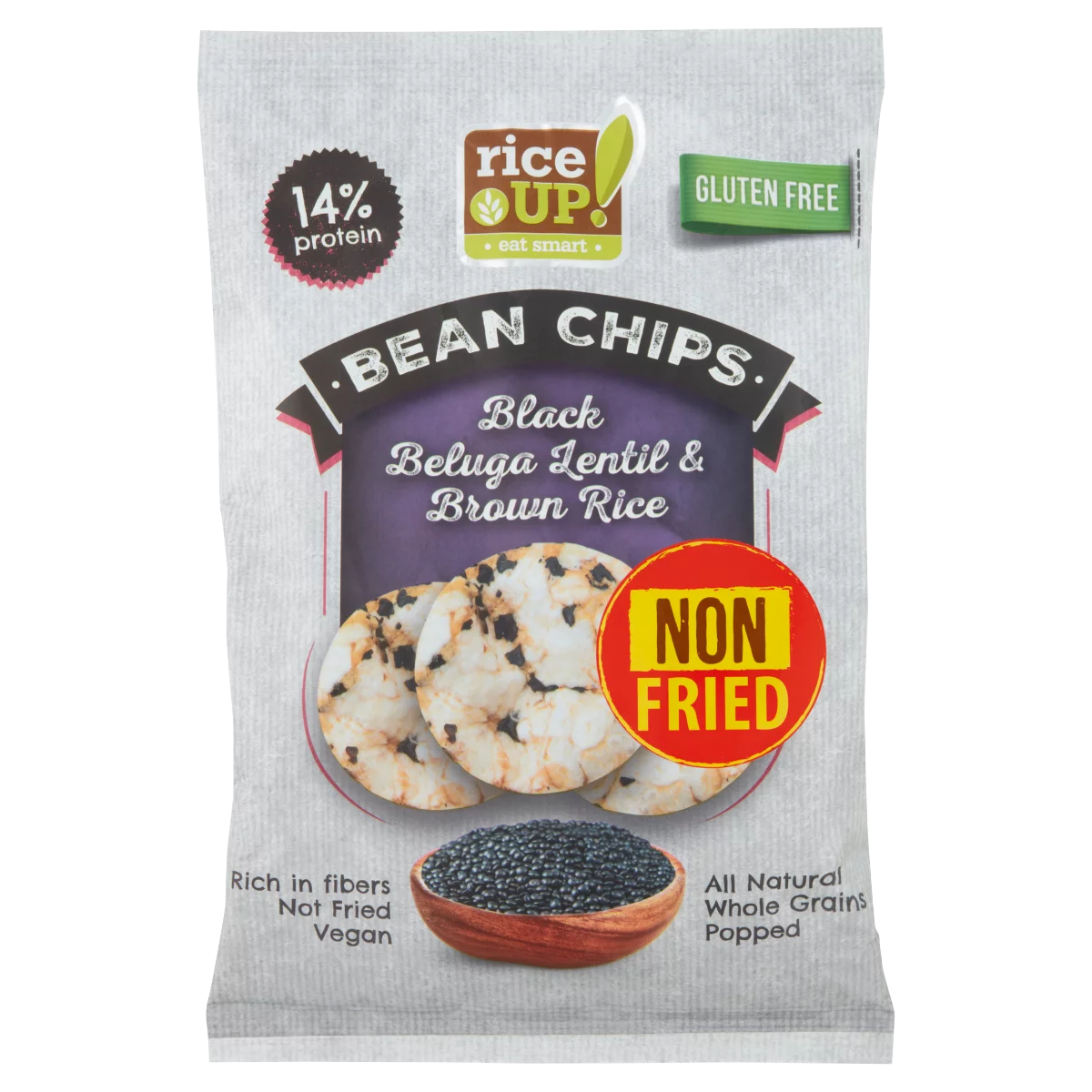 RiceUp! teljes kiőrlésű barna rizs chips fekete Beluga lencsével 60 g