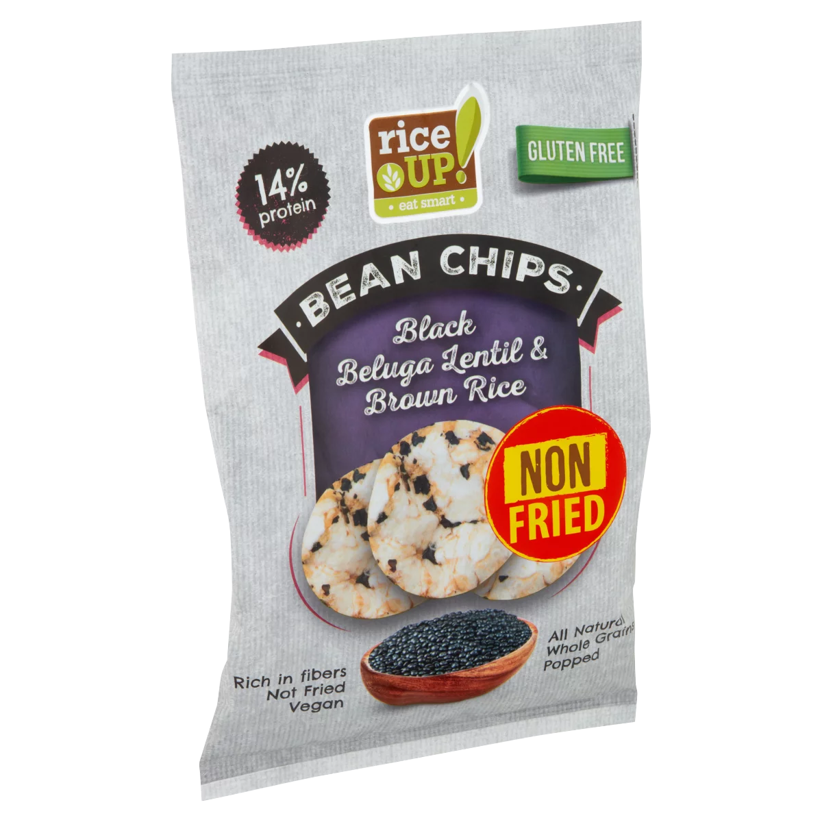 RiceUp! teljes kiőrlésű barna rizs chips fekete Beluga lencsével 60 g