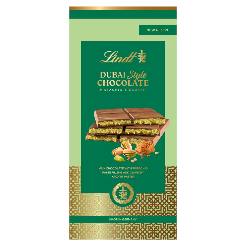 Lindt Dubai Style tejcsokoládé, pisztáciás és ropogós, pirított Kadayif tésztás töltelékkel 145 g