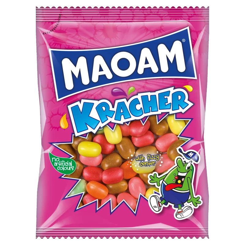 Maoam Kracher olvadó rágóbonbon-drazsé pezsgő porral töltve, részben kóla ízesítéssel 70 g