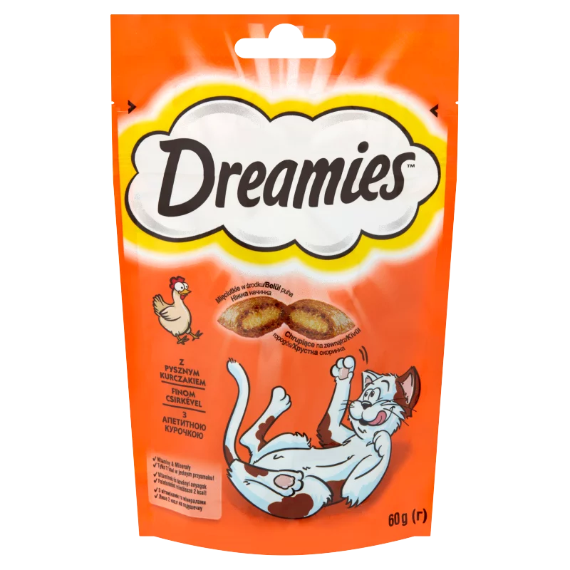 Dreamies kiegészítő macskaeledel csirkével felnőtt macskák & 8 hetesnél idősebb kölykök számára 60 g