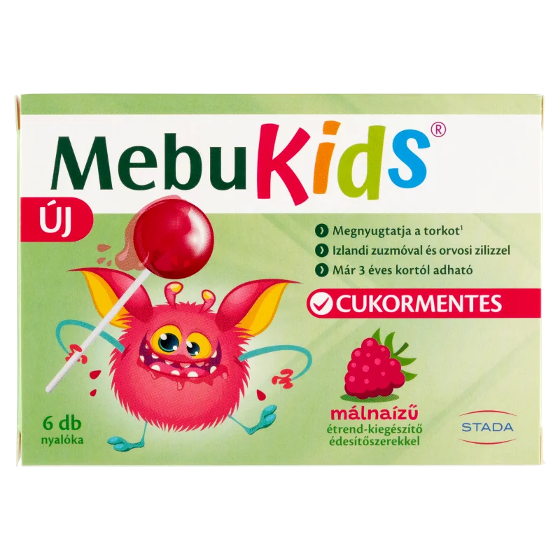 MebuKids cukormentes málnaízű étrend-kiegészítő nyalóka édesítőszerekkel 6 x 10 g (60 g)