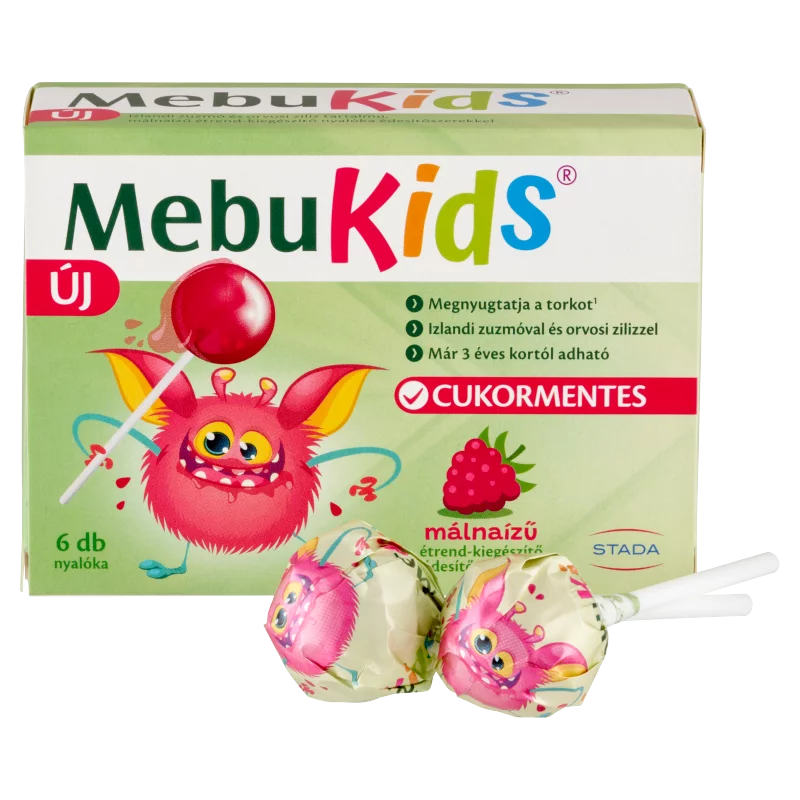 MebuKids cukormentes málnaízű étrend-kiegészítő nyalóka édesítőszerekkel 6 x 10 g (60 g)
