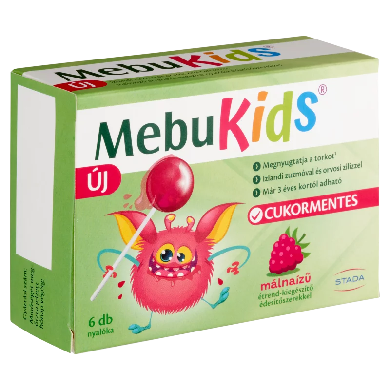 MebuKids cukormentes málnaízű étrend-kiegészítő nyalóka édesítőszerekkel 6 x 10 g (60 g)