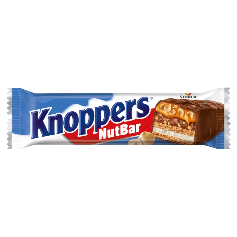Knoppers NutBar tej- és nugátkrémmel, mogyoróval töltött és tejcsokoládéval bevont ostyaszelet 40 g