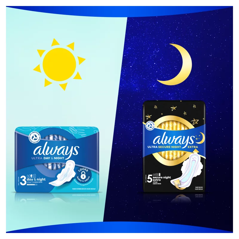 Always Ultra  Egészségügyi Betét, Day & Night (3-as méret) Szárnyas betét 14 db