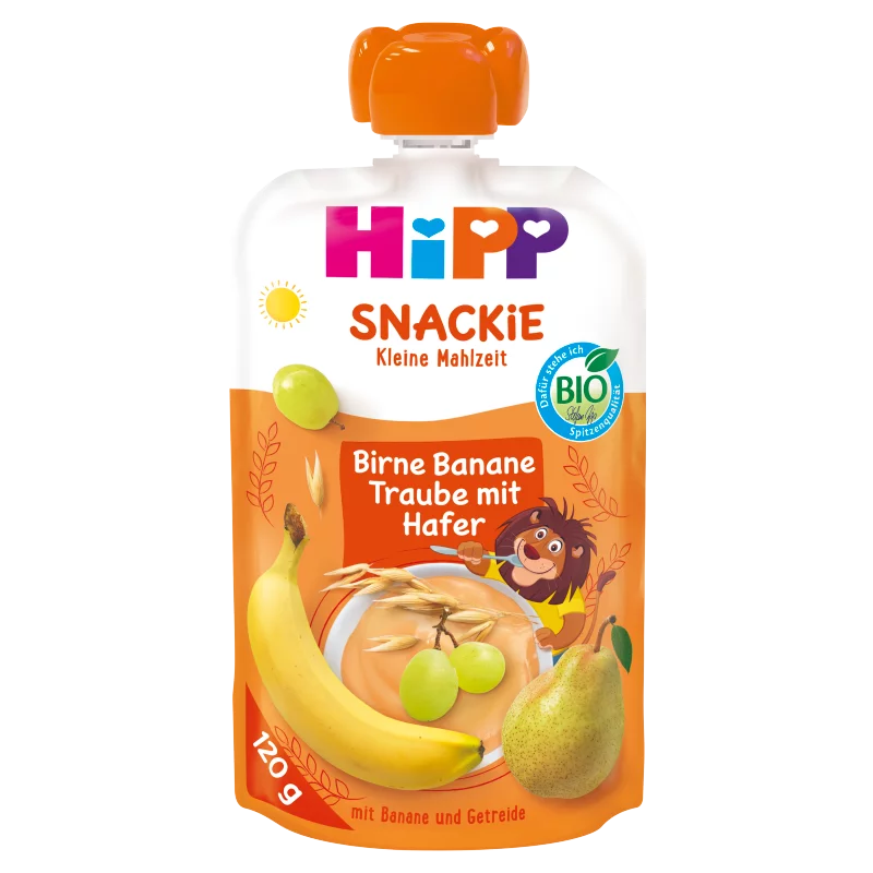 HiPP Snackie körte-banán-szőlő zabbal bio gyümölcskészítmény 1 éves kortól 120 g 