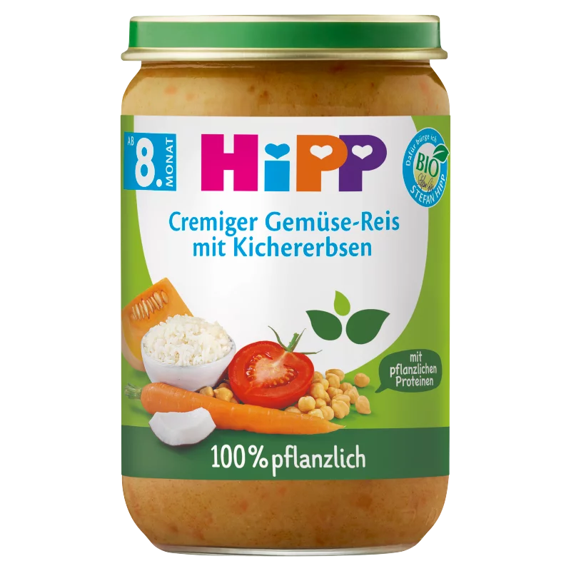 HiPP bio zöldségek rizzsel, csicseriborsóval és borsófehérjével bébiétel 8 hónapos kortól 220 g 