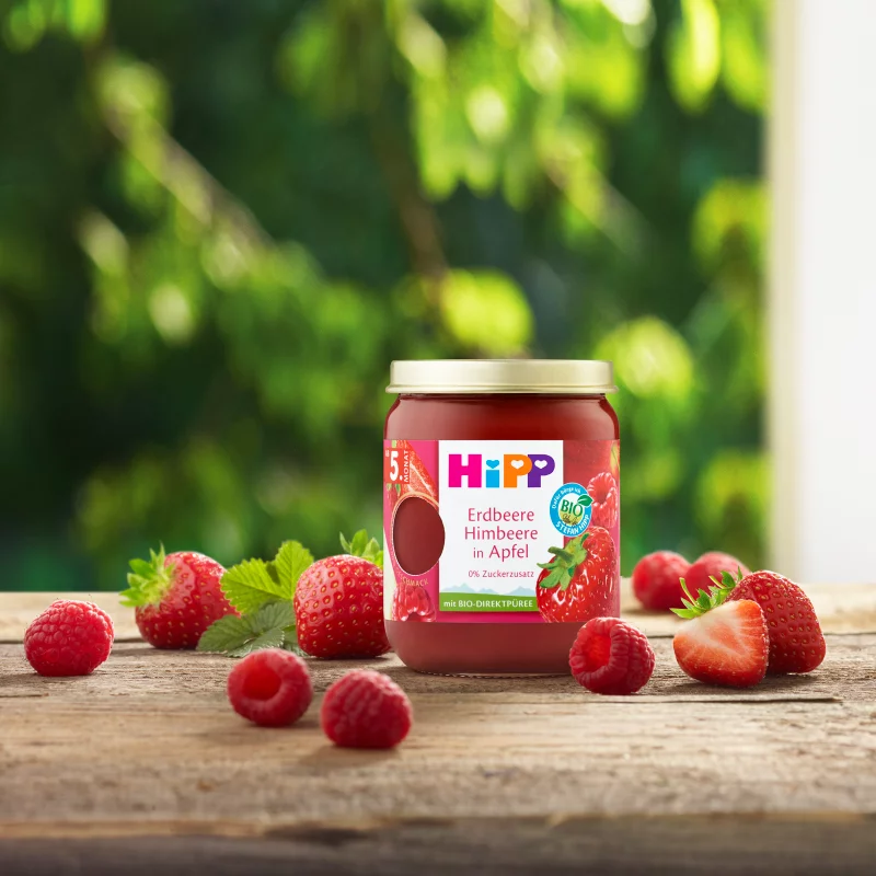HiPP bio gyümölcskészítmény alma eperrel és málnával bébidesszert 5 hónapos kortól 160 g
