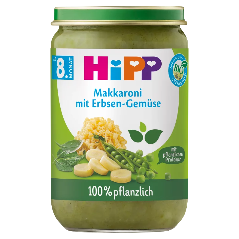 HiPP bio makaróni borsóval, zöldségekkel és borsófehérjével bébiétel 8 hónapos kortól 220 g
