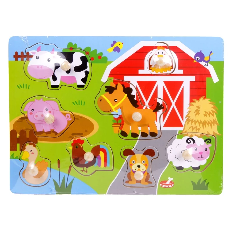 Állatok a farmon - Fogantyús puzzle - Fa bébijáték