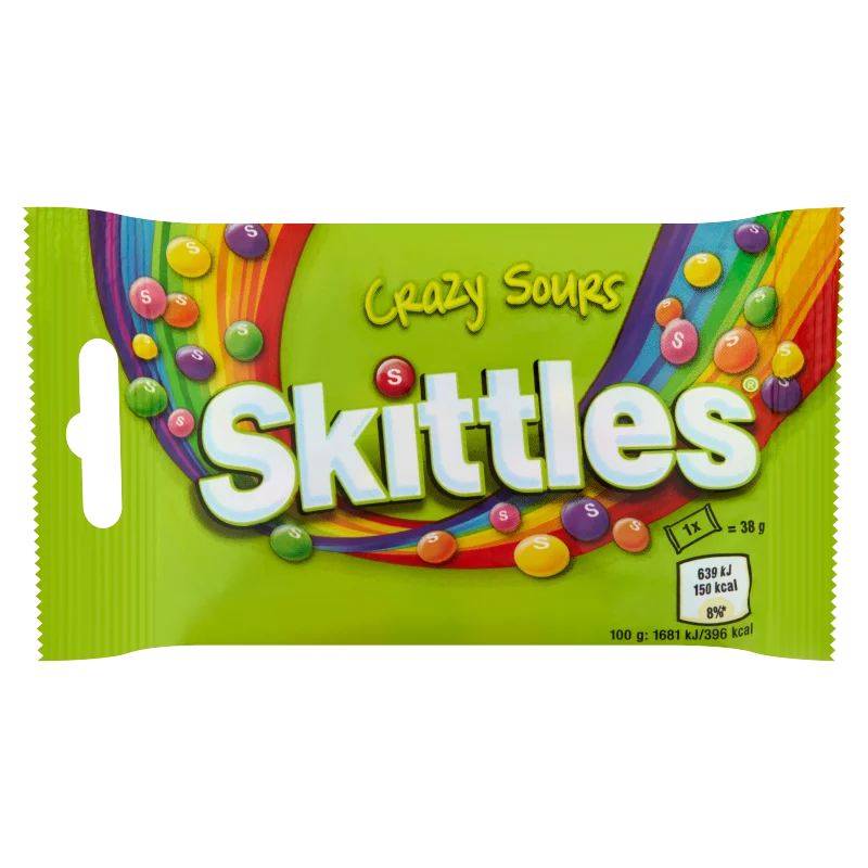 Skittles Crazy Sours savanyú gyümölcsízű cukordrazsé ropogós cukormázban 38 g
