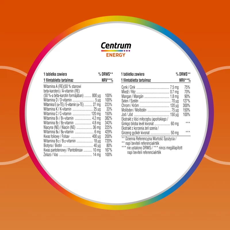 Centrum Energy A-tól Z-ig étrend-kiegészítő filmtabletta felnőtteknek 30 db 37 g