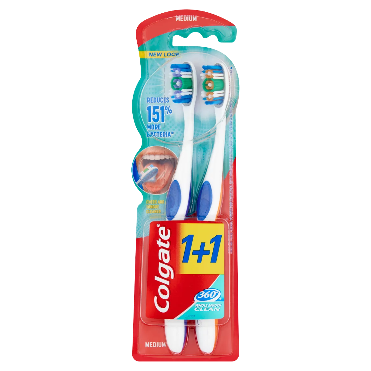 Colgate 360° Whole Mouth Clean közepes sörtéjű fogkefe nyelvtisztítóval 2 db