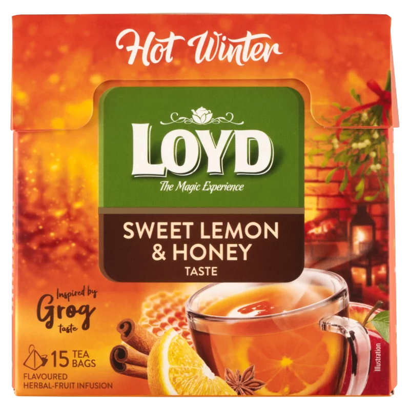 Loyd Hot Winter édes citrom + méz (Grog) ízesítésű gyümölcs-gyógynövénytea keverék 15 filter 45 g