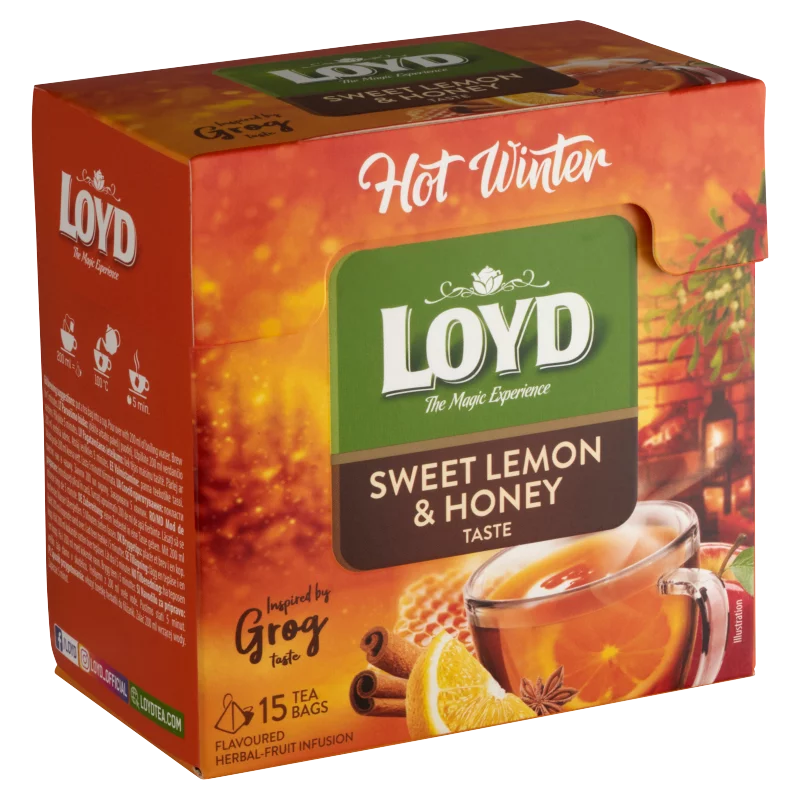 Loyd Hot Winter édes citrom + méz (Grog) ízesítésű gyümölcs-gyógynövénytea keverék 15 filter 45 g