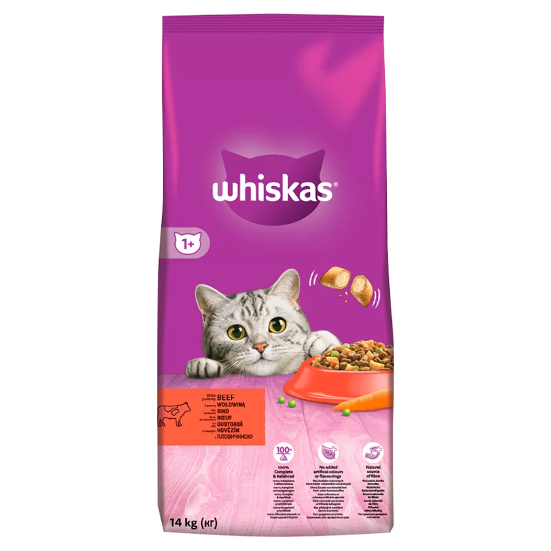 Whiskas 1+ teljes értékű szárazeledel felnőtt macskák számára marhával 14 kg