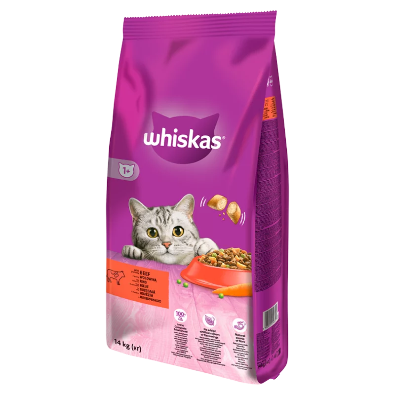 Whiskas 1+ teljes értékű szárazeledel felnőtt macskák számára marhával 14 kg