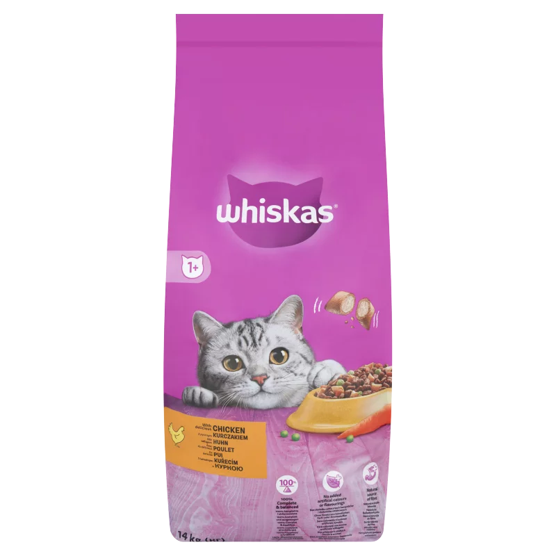 Whiskas 1+ teljes értékű szárazeledel felnőtt macskák számára csirkével 14 kg