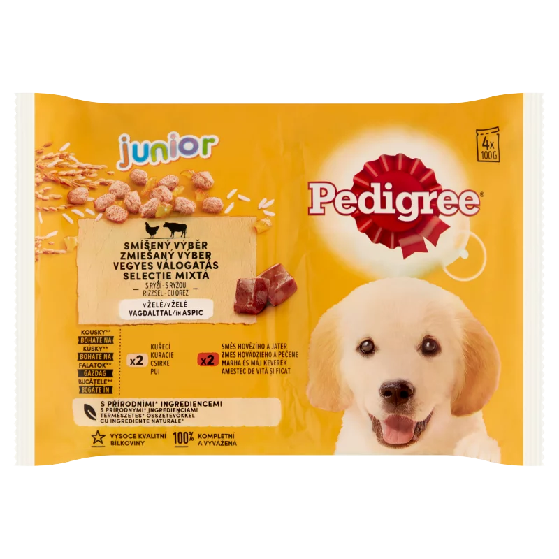 Pedigree Junior teljes értékű vegyes válogatás eledel kölyöknek rizzsel vagdalttal 4 x 100 g (400 g)