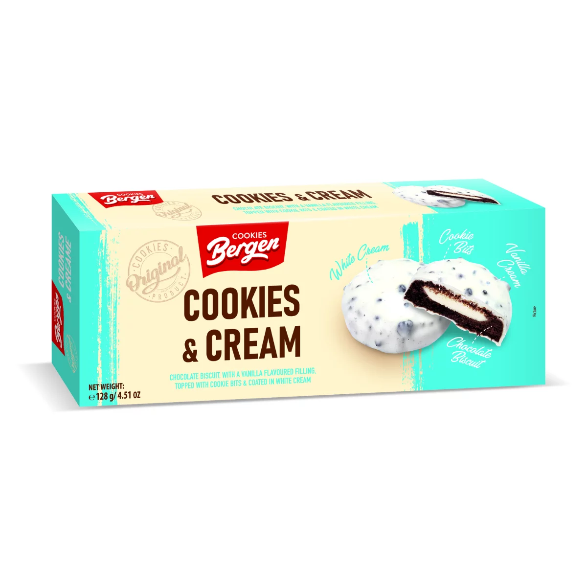 Bergen töltött keksz 128g Cookie and Cream