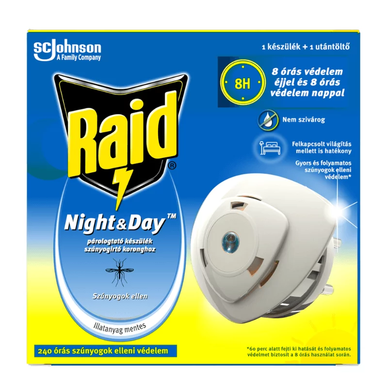 Raid Night & Day 240 órás szúnyog- és légyirtó korong készülék utántöltővel 2,25 g