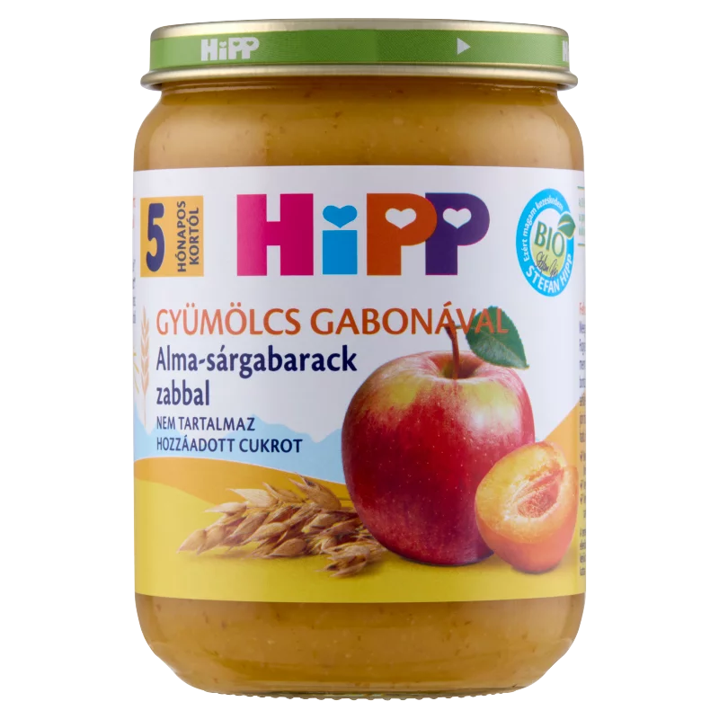 HiPP Gyümölcs Gabonával BIO alma-sárgabarack zabbal bébidesszert 5 hónapos kortól 190 g