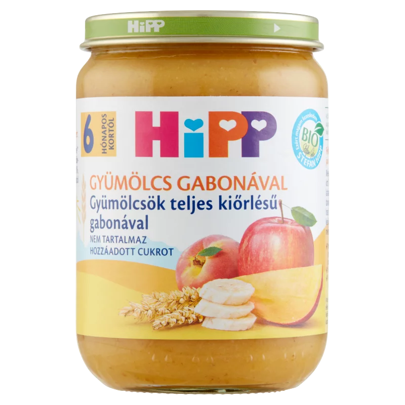 HiPP Gyümölcs Gabonával BIO gyümölcsök teljes kiőrlésű gabonával bébidesszert 6 hónapos kortól 190 g