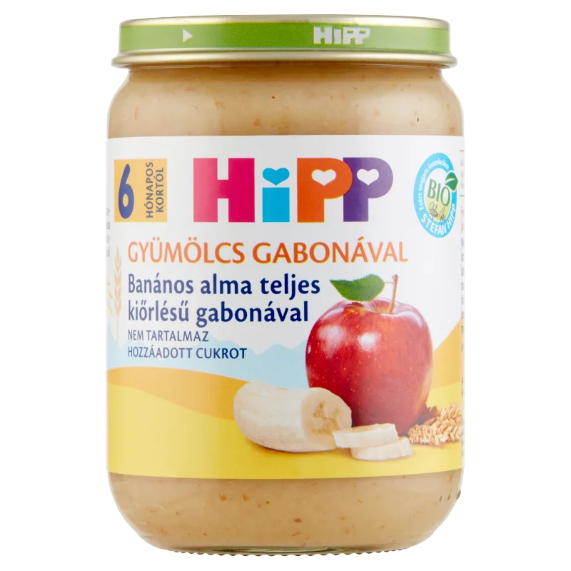 HiPP Gyümölcs Gabonával BIO banános alma teljes kiőrlésű gabonával bébidesszert 6 hónap 190 g