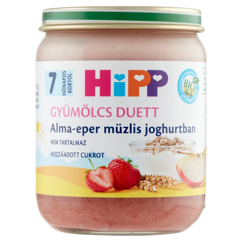 HiPP Gyümölcs Duett BIO alma-eper müzlis joghurtban bébidesszert 7 hónapos kortól 160 g
