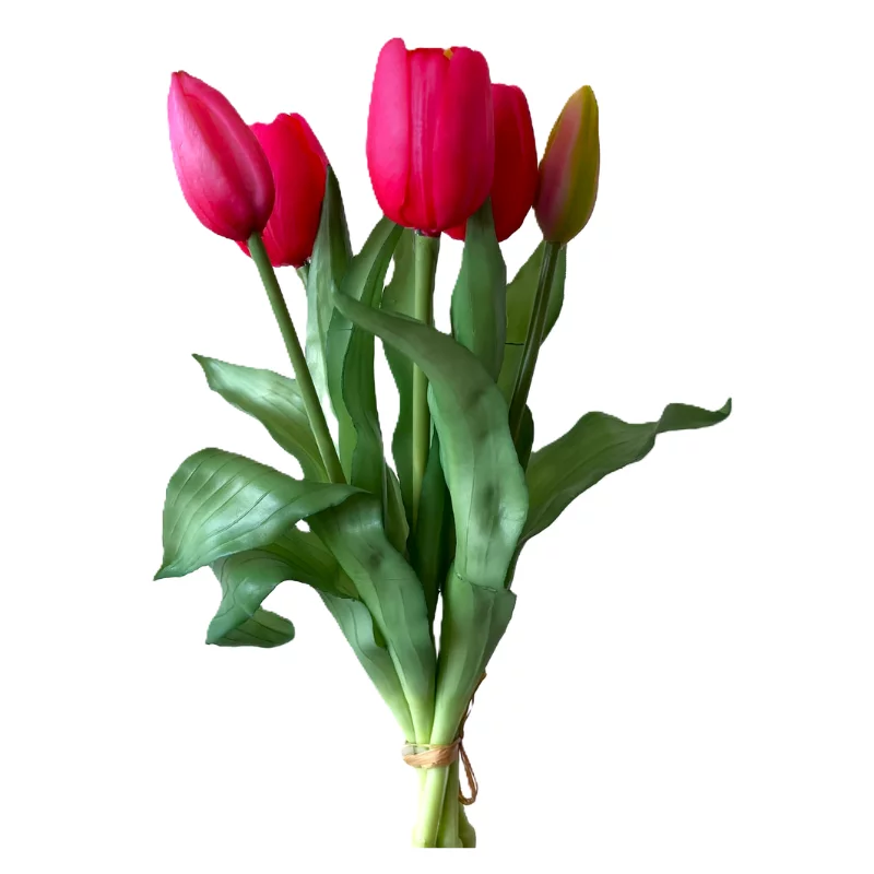 Selyemvirág tulipán csokor 5 szálas gumi 30cm málnapiros 