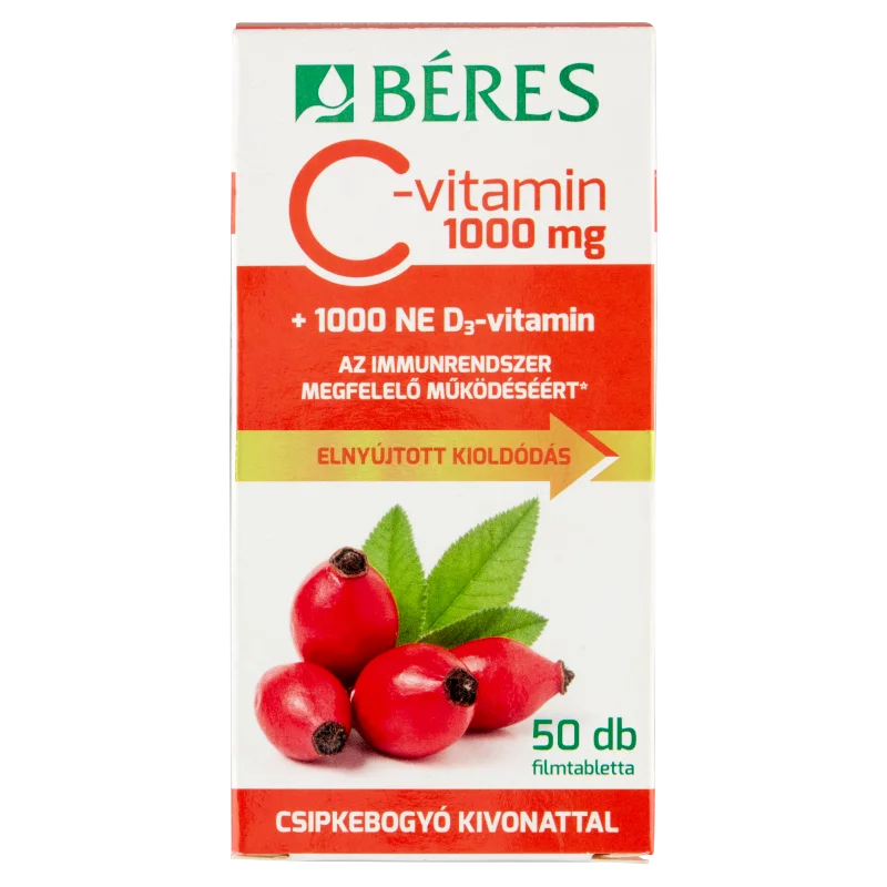 Béres C-vitamin 1000 mg + 1000 NE D3-vitamin filmtabletta csipkebogyókivonattal 50 x 1,85 g (92,5 g)