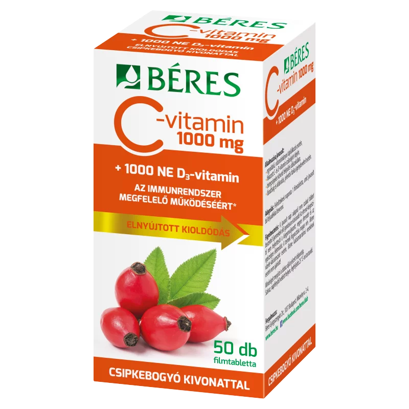 Béres C-vitamin 1000 mg + 1000 NE D3-vitamin filmtabletta csipkebogyókivonattal 50 x 1,85 g (92,5 g)