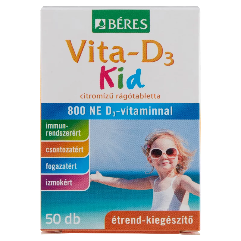 Béres Vita-D3 Kid 800 NE citrom ízű étrend-kiegészítő rágótabletta D3-vitaminnal 50 x 0,54 g (27 g)